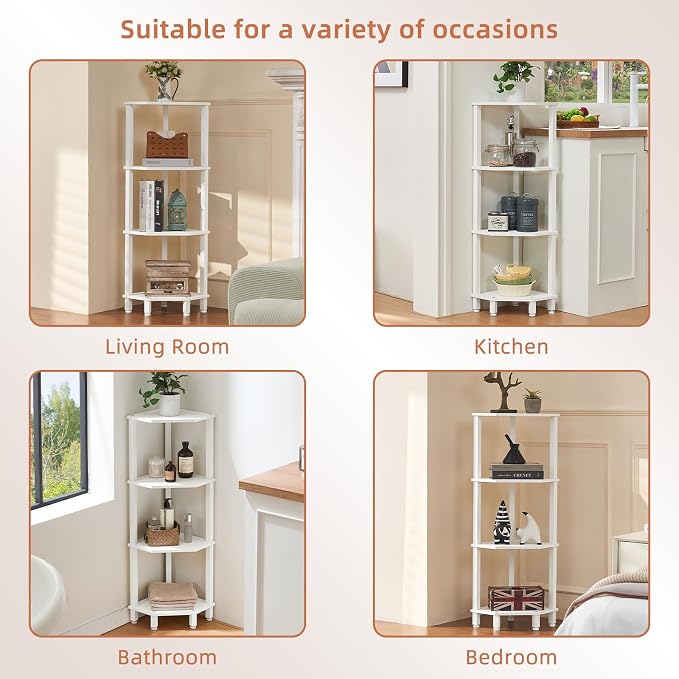 YUFAM 4-Tier Corner Shelf, White | Wooden Corner Bookshelf for Small Spaces, Corner Standing Shelf with Sturdy 5-Leg Base