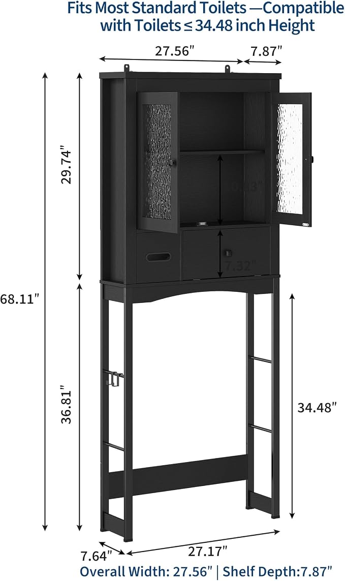 Garvee Over-The-Toilet Storage Rack, Vintage Bathroom Organizer | MDF Shelves & Steel Frame, Space-Saving Toilet Shelf for Small Bathrooms, Bathroom Cabinet for Towels & Toiletries, Black