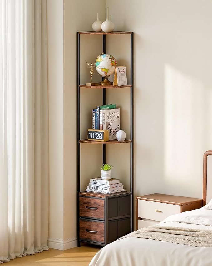 Housolution 6 Tier Corner Shelf Stand with Storage and Fabric Drawers,Brown | 63.4'' Tall Narrow Corner Bookshelf, Freestanding Corners Storage Shelf for Living Room Bedroom Small Space
