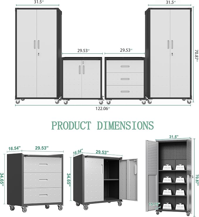 Garage Storage Cabinet System,Wall Cabinet & Locking Rolling Tool Cabinet with Doors and Adjustable Shelves