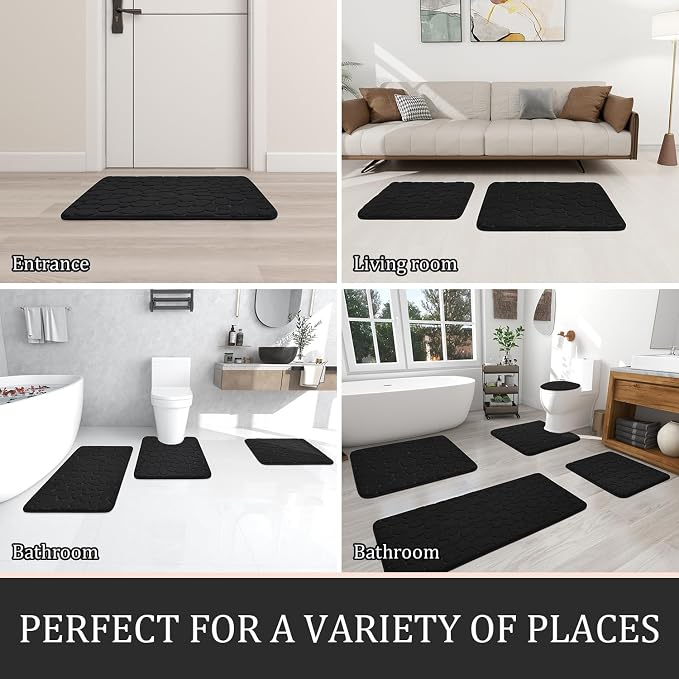 Bathroom Rugs Mat Set, Memory Foam Bath Mat 3 Piece Black | U Shape+Small Mat, Non Slip, Water Absorbent, Washable, Bath Mat For Bathroom, Sink and Toilet