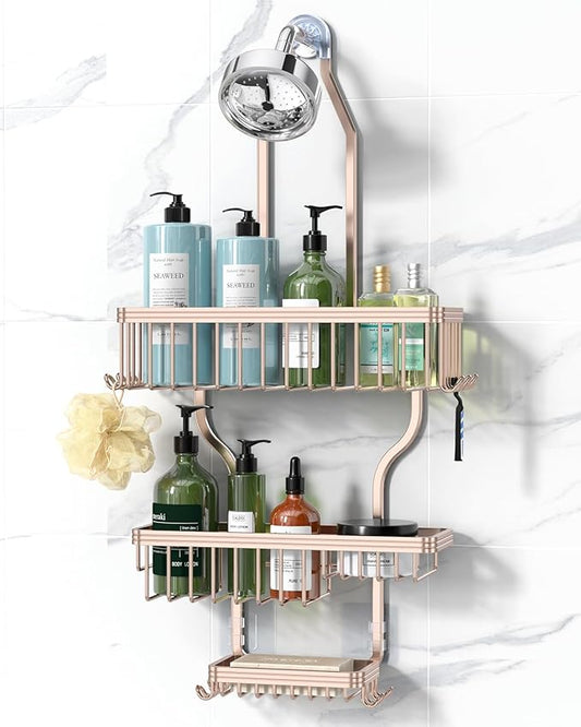 Never Rust Shower Caddy Hanging, Aluminum Shower Racks for Inside Shower, 3-Tier Shower Organizer Hanging Over Shower Head with Hooks and Soap Holder, Rose Gold
