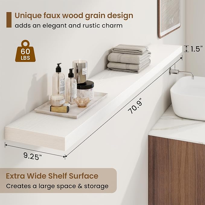 Marsmiles 72in Floating Shelves for Wall, 72" W x 9.25" D x 1.5" H, White | Long Wall Mounted Engineered Wood Shelves for Wall with Invisible Brackets for Living Room, Bedroom, Bathroom, Kitchen
