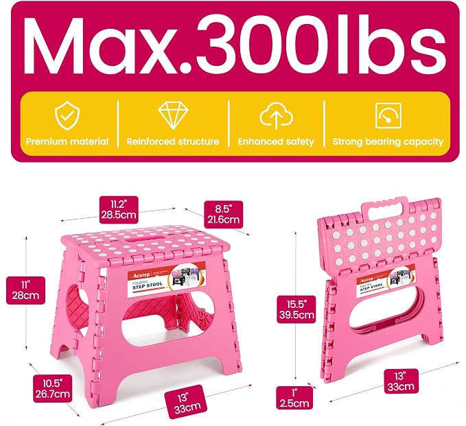 11" Folding Step Stool for Kids, Holds 300 lb Foldable Stools, Pink | Heavy Duty Collapsible Foot Stool, Lightweight with Built-in Handle, Non-Slip for Adults Kitchen Bathroom Bedroom Outdoor