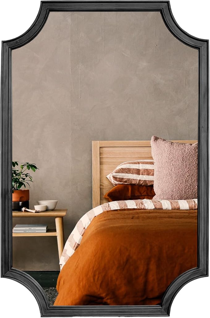 24" x 36" Full Scalloped Corners Arch Rectangle Wall Mirror with Wood Frame for Entryway, Living Room or Bedroom Home Decor - Light Woodgrain [24" x 36" Black]