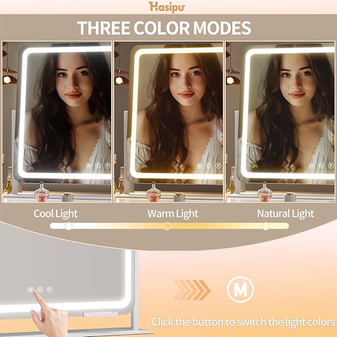 Hasipu 25" x21” LED Vanity Mirror with Lights - Makeup Mirrors with 10X Magnification, USB Charging, 3 Color Dimmable, 360° Rotation (White)