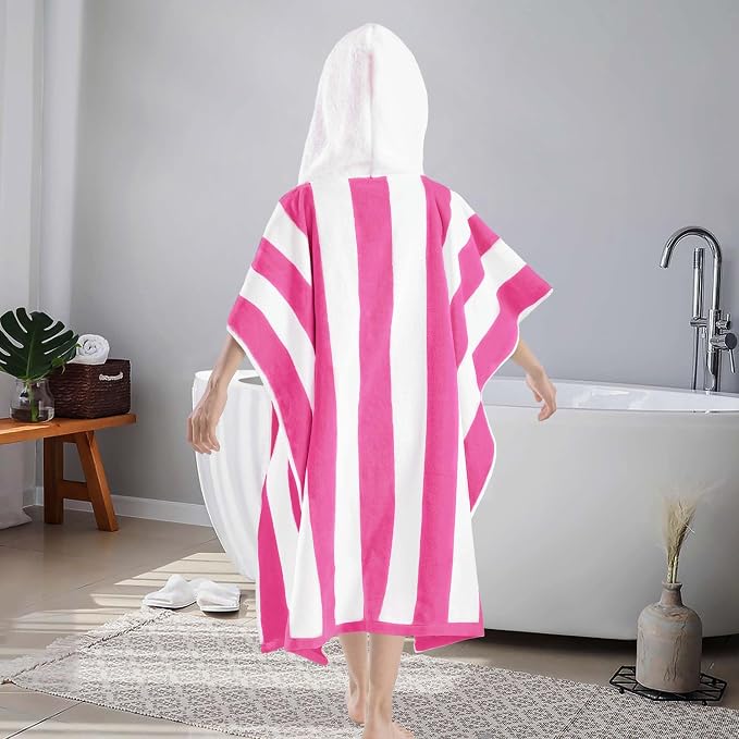 VOOVA & MOVAS Kids Hooded Poncho Towel, 8 Years UP, 100% Cotton,Pink Stripe | Eye-Catching Two-Tone Stripe Design, Soft, Absorbent & Quick Dry, Ideal for Beach, Pool and Daily Bath