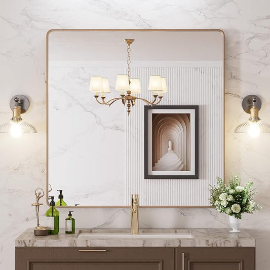 LOAAO 36"X36" Gold Bathroom Mirror | Rounded Rectangle, Brushed Gold Frame, Wall-Mounted, Anti-Rust, Tempered Glass, Hangs Horizontally or Vertically