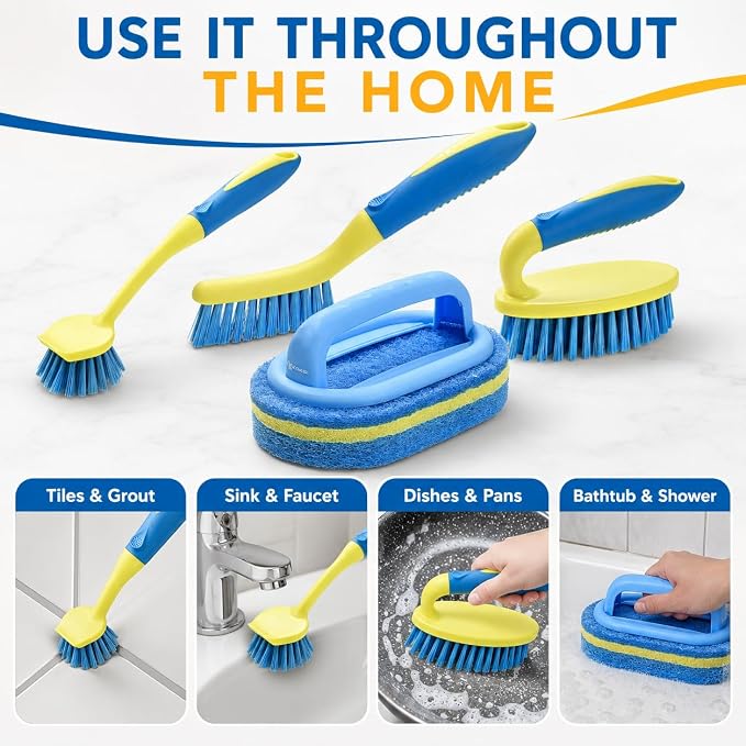 Scrub Brush Set for Bathroom Kitchen Bathtub Toilet Deep Cleaning Brush Tools All Purpose Cleaner Sponge Scrubbing Brushes with Ergonomic Handle, 4-Piece