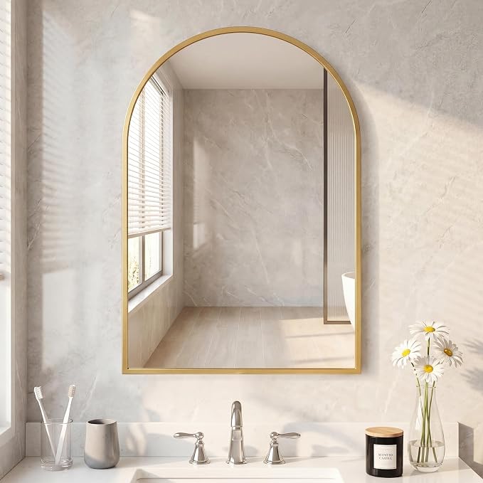 NEWBULIG 22"x30" Arched Wall Mirror, Bathroom Mirrors for Over Sink, Gold | Matte Metal Framed Vanity Mirror with Tempered Glass, Entryway, Living Room, Bedroom