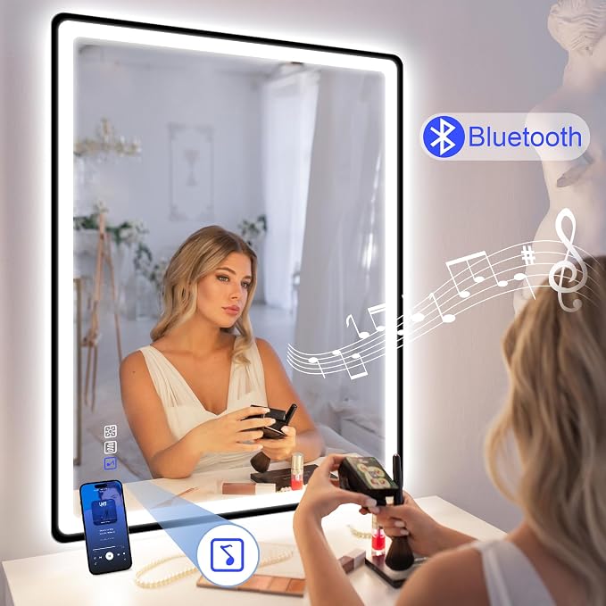 STARLEAD 40"x28" Black Frameless LED Bathroom Mirror with Bluetooth Speaker, 3 Color Temperature, Stepless Dimming, Anti-Fog, Touch Control, Wall-Mounted Vanity Mirror, Vertical or Horizontal