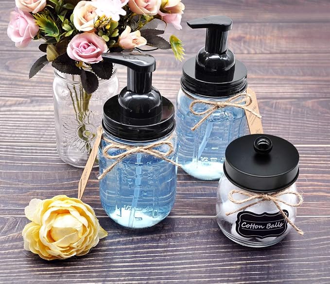Amolliar Mason Jar Foaming Soap Dispenser, 16oz Hand Dispenser, Black 2Pack | Rustproof Stainless Steel Lid Plastic Soap Pump, Rustic Farmhouse Decor, Refill Foam Hand Soap Dispenser for Bathroom Kitchen
