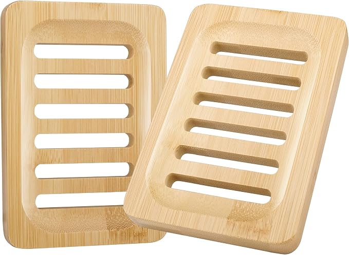 Anwenk Bamboo Wooden Soap Dish, Bar Soap Holder Soap Tray for Shower Bathroom Kitchen Sink Drainer - 2 Pack (Natural Color)