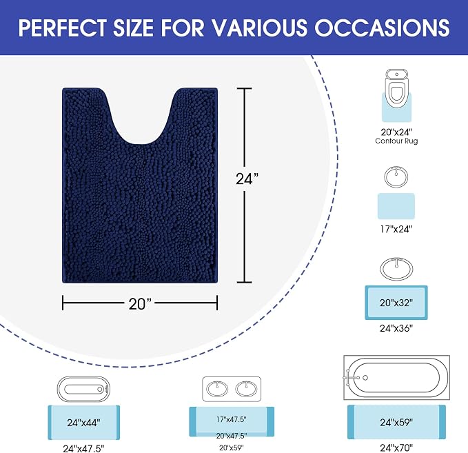 Striped Navy Blue Toilet Bathroom Rug Mat 24" x 20" Contour Rug Ultra Soft, Non Slip Chenille Bath Rugs, Absorbent Plush Shaggy Bath Mats for Bathroom, Bedroom, Kitchen, Shower, Tub
