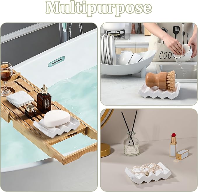 Bar Soap Holder Diatomite Soap Dish Sponge Caddy, Marble White | Self Draining, Fast Drying, Soap Saver, for Shower, Bathroom, Kitchen Sink