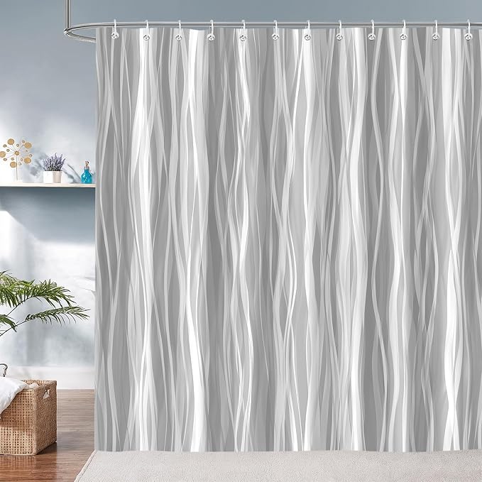 Moonslim Grey Ombre Shower Curtain, Modern Wavy Abstract Gray Striped Line Bathroom Curtain, Waterproof Fabric Bath Decor, 72 x 84 Inch