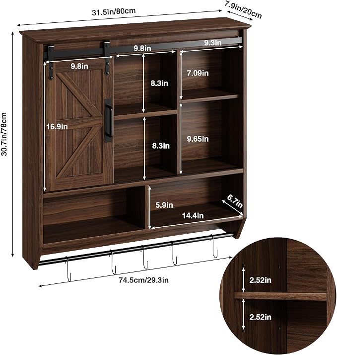 RUSTOWN Farmhouse Bathroom Wall Storage Cabinet with Sliding Barn Doors | 3-Tier, Rustic Wood Wall Mounted Cabinets, Vintage Medicine Cabinet, Adjustable Shelves, Over The Toilet Storage Cabinet