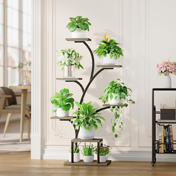 BACEKOLL Plant Stand Indoor with Grow Light, 7 Tier 49" Lighted Plant Shelf | Tree-Shaped Tall Holder with Full Spectrum Light for Indoor Growing, Sturdy Metal Rack for Home Corner, Space-Saving, Grey