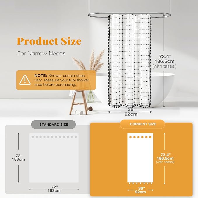 Stall Boho Farmhouse Linen Shower Curtain Set, 36x72, White and Black | Half Size, 330GSM Linen Blend, 3-side Tassels, Water Repellent Fabric, 6 Plastic Hooks, Rustic Bohemian, Machine Washable