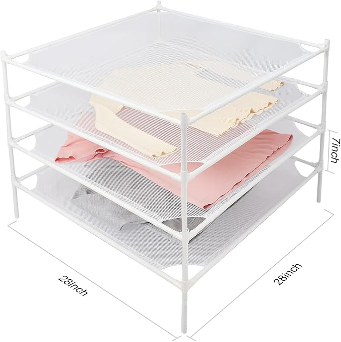 Sweater Drying Rack Flat, Metal Tube Mesh Clothes Drying Rack for Laundry with Rubber Feet, Stackable Laundry Clothing Dryer Rack for Art, Clothes, Indoor & Outdoor, White, 4-Layer