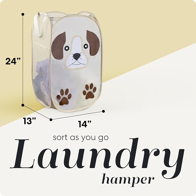 Pop Up Laundry Hamper, Cute Puppy 71L Collapsible Mesh Basket with Handles | Collapsible Mesh Pop Up Hamper, Wide Opening, Side Pocket, Breathable, Sturdy, Foldable, Space-Saving for Clothes Storage