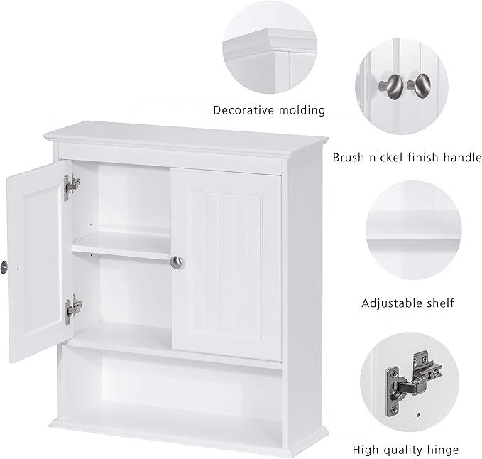 Spirich Bathroom Wall Cabinet with Beadboard Doors, White Medicine Cabinet | Adjustable Shelf, Open & Concealed Storage, Space-Saving Over-Toilet Design for Toiletries, Towels, Medicines & Decor