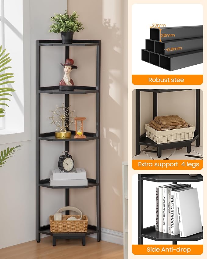 Hzuaneri Corner Shelf Stand 5-Tier Corner Bookshelf Storage Standing Shelf | Bookcase Plant Stand with Metal Frame for Living Room, Home Office, Bedroom, Black CS05906B