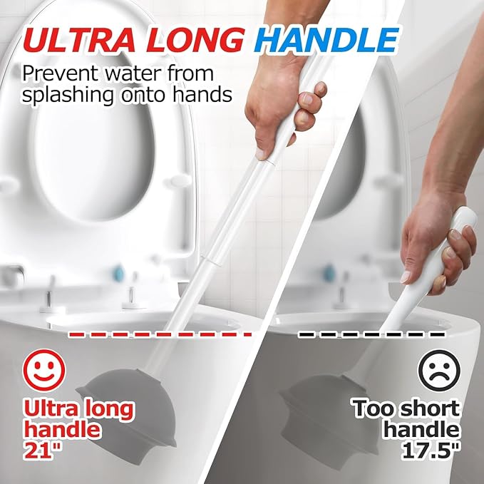 FORASTO 2Pack 2 in 1 Toilet Brush and Plunger Set,Clean Gloves, Extended Handle Plunger，Toilet Bowl Brush Plunger Set,Bathroom Cleaning Tools,Toilet Brush Plunger Combo,Cleaning Brush(Cream White) | 21" Extended, Cleaning Gloves, Heavy Duty Rubber Toil...