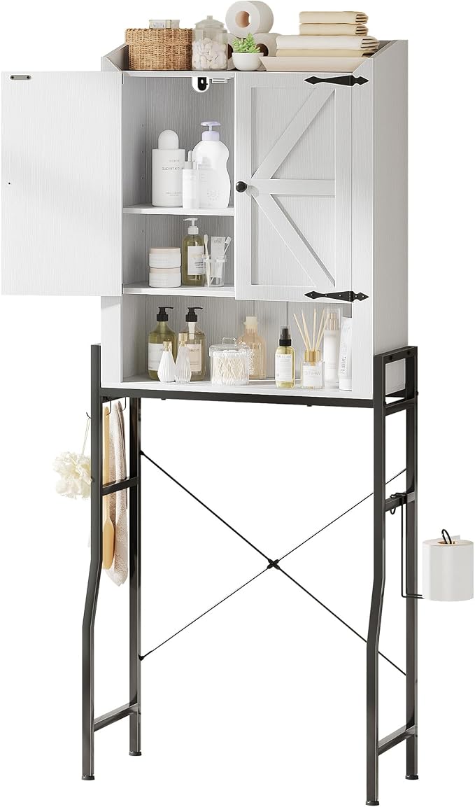 Over The Toilet Storage Cabinet with 2-Door & Metal Stand, White | Toilet Paper Holder, 3 Extra Hooks, Anti-Tipping Device, With Adjustable Shelves, for Bathroom, Restroom, Laundry