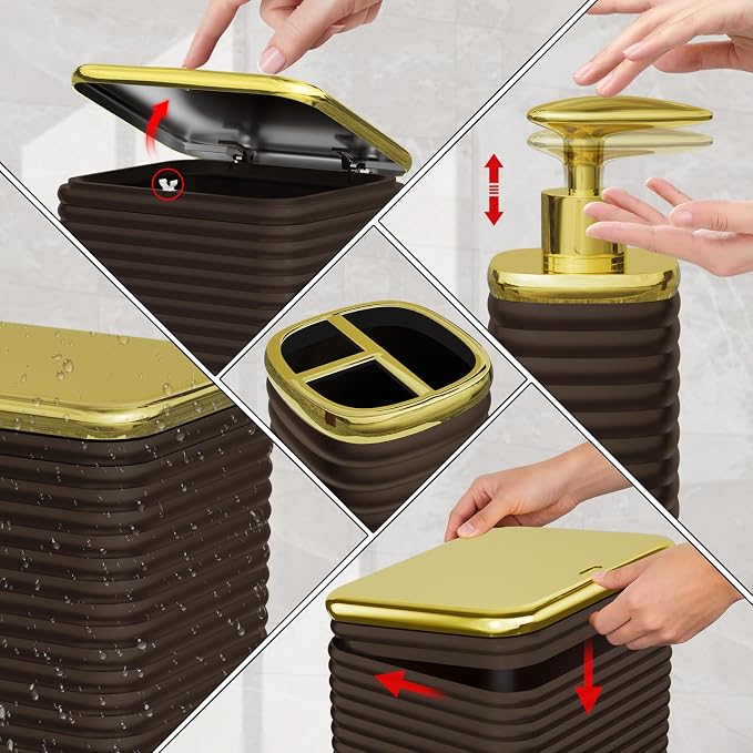 Bathroom Set - 25PC Bathroom Sets with Shower Curtain and Rugs, Brown Bathroom Set, Bathroom Accessory Set, Luxury Bathroom Accessories Set, Trash Can, Toilet Brush, Soap Dish & Soap Dispenser