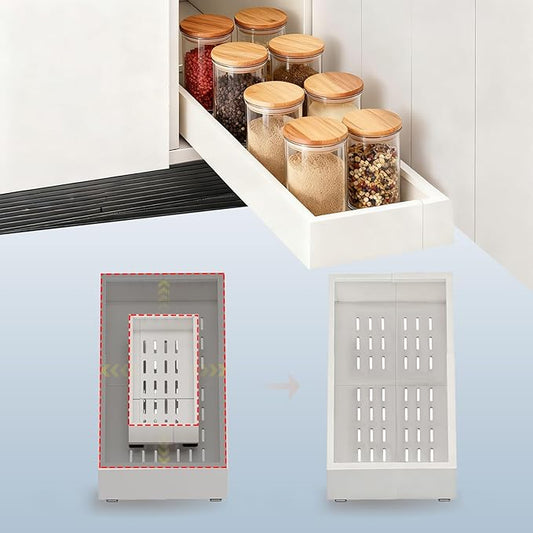 Fokyfok Pull out Cabinet Organizer,7"-11"W, 17"-24"D,Expandable,Adhesive | No Drill,Adjustable Slide out Drawers for Kitchen,Pantry,Roll out Shelves,for Cabinets Without Lip,Bathroom,White,1PC