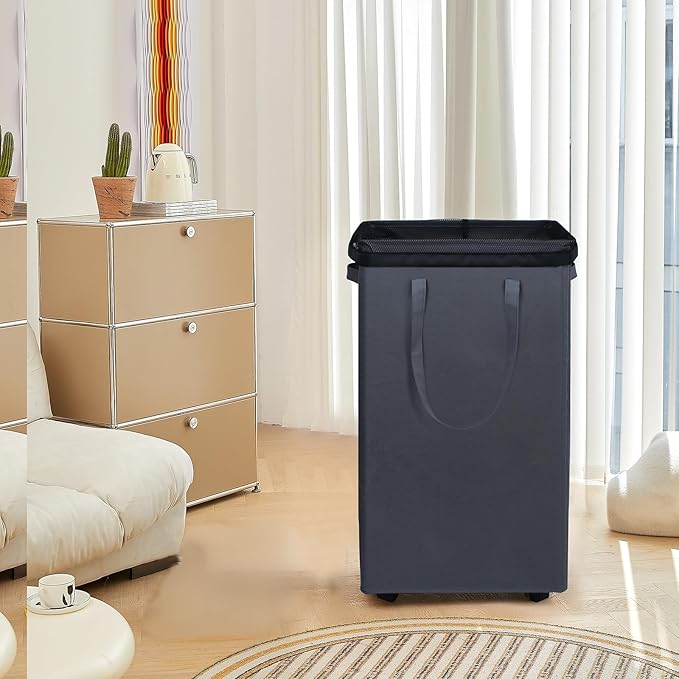 DOKEHOM 90L X-Large Rolling Laundry Basket Hamper on Wheels, Grey | Collapsible clothes hamper with removable mesh wash bag. High-capacity foldable washing bin organizer