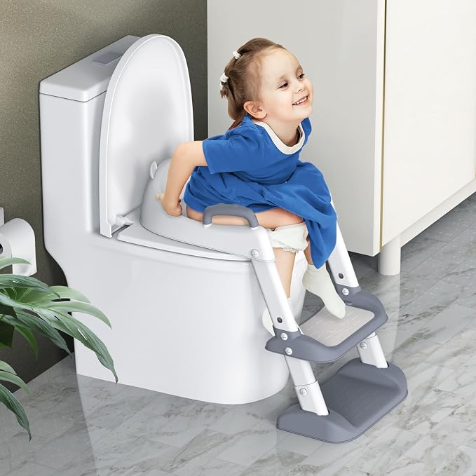 HBTower Potty Training Seat with Step Stool Ladder & Safety Handles,Grey | Foldable Toddler Toilet Seat with Splash Guard for Boys and Girls, Comfortable Kids Potty Cushion & Anti-Slip Pads
