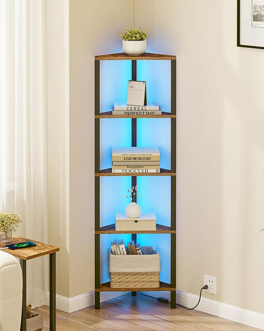 TUTOTAK Corner Shelf with LED Light, 5-Tier Corner Bookshelf | for Small Space, Narrow Display Corner Shelf Stand with Storage Rack, for Living Room, Bedroom, Rustic Brown BS05BB005L