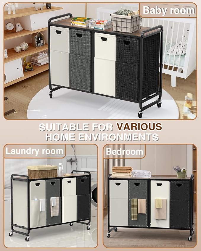 Laundry Sorter 4 Section,Laundry Basket with Wheels,4×15.8 Gal (60L) Laundry Hamper Organizer with Large Wooden Desktop Sorter,Pull-Out and Removable 900D Oxford Fabric Laundry Bags for Laundry Room