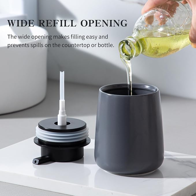 Enra Grey Soap Dispenser, Modern Ceramic Hand Soap Dispenser Bathroom | 12oz Ceramic Body with Wide-Mouth Refill Opening. Neutral Gray Finish Adds Style to Kitchens, Vanities and Countertops.