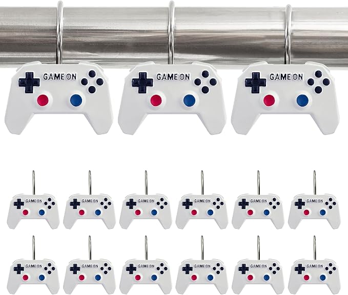 12 Pcs Game Theme Shower Curtain Hooks for Gamers Bathroom Decor White | Video Game Controller White Curtain Hooks Boys Gaming Bathroom Kids Bedroom Playroom Console Resin and Stainless Steel Hook