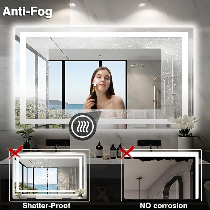 EchosLife 60"x36" LED Mirror for Bathroom | Backlit + Front Lit, Anti-Fog, Stepless Dimmable, 3 Colors, Memory, Tempered Glass, UL Listed, Horizontal/Vertical