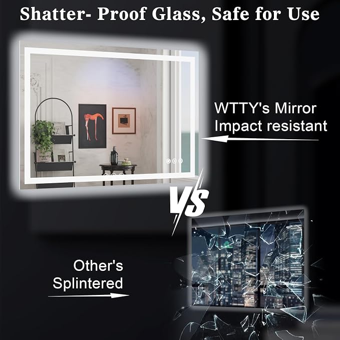 WTTY 48" x 40" LED Bathroom Mirror with Light | Anti-Fog, Dimmable, 3 Color Temperature, Memory Function, Tempered Glass, IP54 Waterproof, ETL Listed