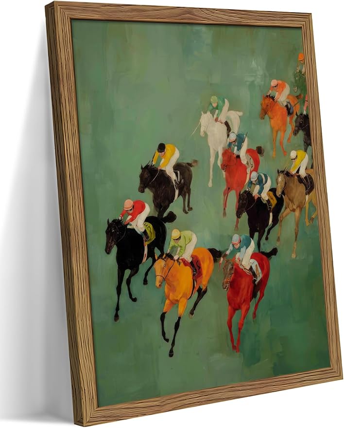 Framed Vintage Abstract Wall Art, Retro Horse Racing Scene Poster Prints, Modern Classic Equestrian Canvas Artwork, Energetic Vibrant Sports Wall Decor for Living Room Office Game Room 8x10in