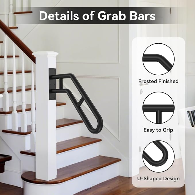 Frossvt Wall Mount Handrail, Outdoor Grab Bar - 25.8" Bent Black Handrail (2-Pack) for Garage, Porch, Garden Stairs