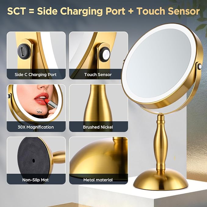 Makeup Mirror with Lights, 30X Golden Magnifying Mirror | 5000mAh Rechargeble Double Sided Mirror - Side Charge & Touch, Brightness Adjustable with 3 Colors, 360°Swivel Vanity Mirror