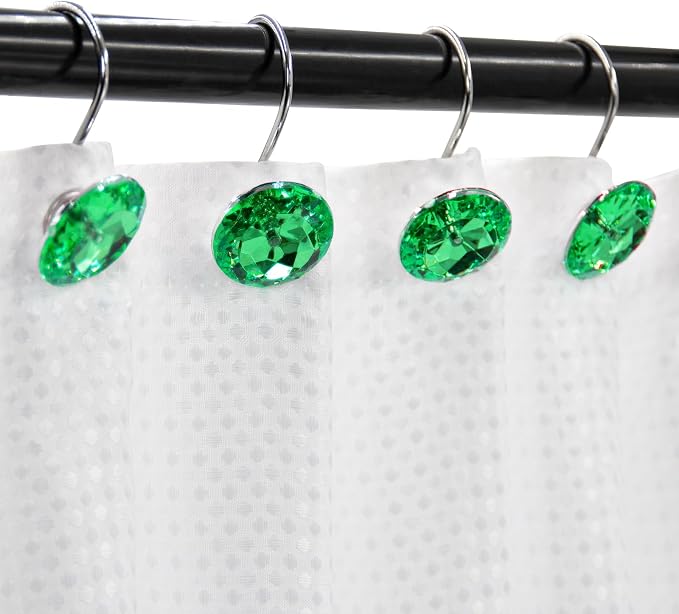 Crystal Diamond Round Shower Curtain Hooks Rings for Bathroom,Green,12PCS | Acrylic Decorative Rhinestones Bling Shower Hooks Rings,for Bathroom Curtains Rod,Gem Metal Rust Proof Shower Hangers