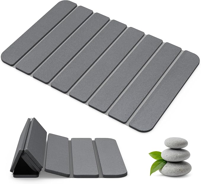 Foldable Stone Bath Mat for Bathroom, Non-Slip Mat, Quick Dry 24" x16" Grey | Large Super Absorbent Diatomaceous Earth Mats, Quick Drying, Eco-Friendly Easy to Clean, Easy Storage, Silicone Non-Slip Base