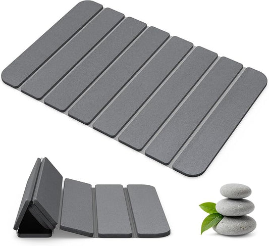 Foldable Stone Bath Mat for Bathroom, Non-Slip Mat, Quick Dry 24" x16" Grey | Large Super Absorbent Diatomaceous Earth Mats, Quick Drying, Eco-Friendly Easy to Clean, Easy Storage, Silicone Non-Slip Base