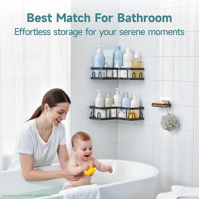 Veken Corner Shower Caddy 3-Pack, Advanced Rustproof Design&Stable Storage | No Drilling Adhesive Shelves, Rack with Soap Holder & Hooks, Thickened Metal Frame, Bathroom Organizers and Storage, Black