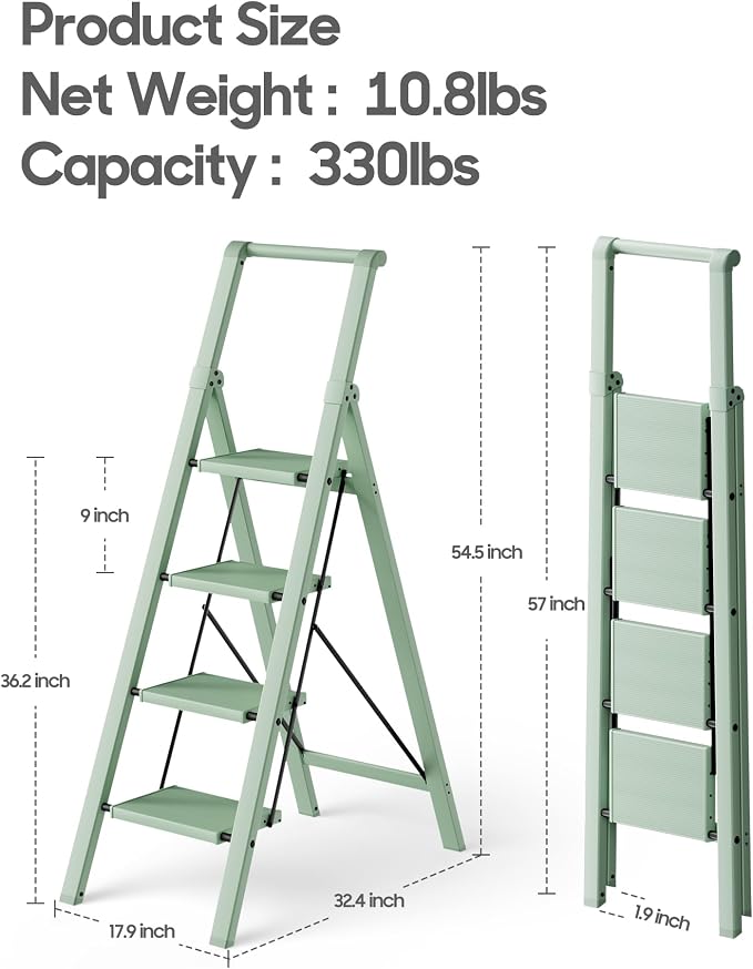 HillhutApex Aluminum 4 Step Ladder, Step Stool Foldable Ladder(Pale Green) | Stepladder with Handgrip,Anti-Slip Pedals,330lbs Capacity,Lightweight Portable Folding Ladder for Home,Office,Libaray