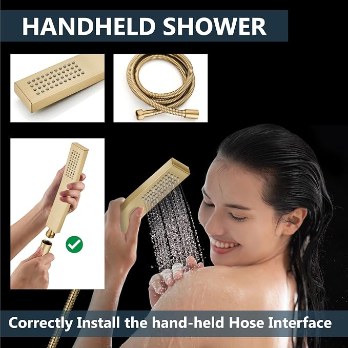 Aolemi Shower Faucet Set with Handheld Brushed Gold 16 Inch Head | Pressure Balance Shower Valve and Trim Kit,SUS304 Rain Head and Handle System,All Metal,Wall Mount,Bathroom,Handheld Spray