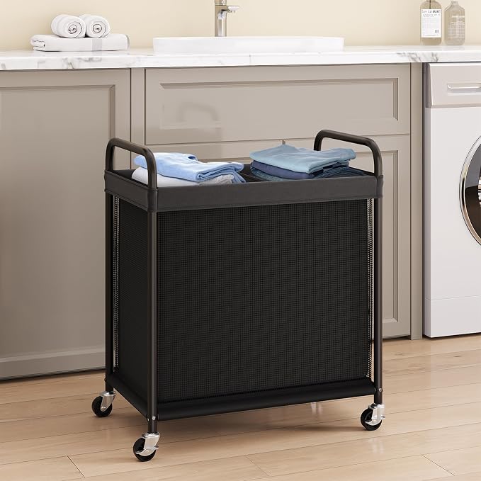 ELYKEN Laundry Hamper 2 Section, 100L Rolling Laundry Sorter with Wheels | Removable Washable Liner Bags, Sturdy Steel Frame and Metal Handle, Double Compartment Clothes Organizer for Laundry Sorting