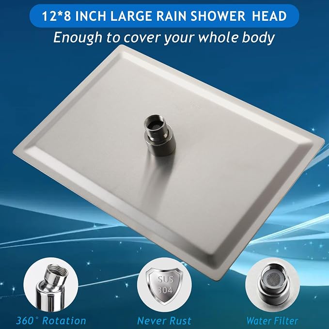 Voolan Rain Shower Head - High Flow Large Rainfall Shower Heads Made of Stainless Steel - Waterfall Bathroom Square Showerhead - Ceiling or Wall Mount (12 * 8 Inch Rectangle, Brushed Nickel)